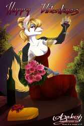  alcohol anthro azaleesh beverage bottle breasts candy canid canine chocolate cleavage clothed clothing container cup dessert dress drinking_glass female flower food glass glass_container glass_cup hi_res mammal merena_(azaleesh) plant rose_(flower) smile solo wine wine_glass 