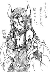  artist_request bat_(symbol) breasts cleavage demon demon_girl digimon digimon_xros_wars female female gamonkoubou horn horns lilithmon long_hair monochrome monster_girl pointy_ears seven_great_demon_lords succubus 