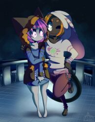  ambiguous_gender ambiguous_species anthro clothed clothing duo felid ittybittyshark looking_at_viewer mammal smile standing 