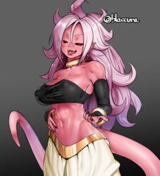  android_21 bare_shoulders blaccura black_nails black_sclera bracelet breasts cleavage colored_sclera colored_skin commentary_request detached_sleeves dragon_ball dragon_ball_fighterz fangs female highres jewelry large_breasts long_hair looking_at_viewer majin_android_21 messy_hair nail_polish navel open_mouth pink_hair pink_skin pointy_ears red_eyes smile solo stomach strapless tail toned tongue tongue_out tube_top upper_body 