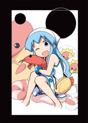  ;d anbe_masahiro bag bangle barefoot black_border blue_eyes blue_hair border bracelet commentary_request dress female full_body handbag hat ikamusume jewelry long_hair looking_at_viewer one_eye_closed open_mouth pillow shinryaku!_ikamusume shrimp sitting sleeveless sleeveless_dress smile solo squid_hat stuffed_animal stuffed_shrimp stuffed_toy tentacle_hair tissue_box white_dress white_hat 