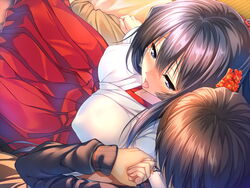  1boy amakano black_hair blue_eyes blush breasts brown_hair female flower game_cg hair_flower hair_ornament hakama hand_holding japanese_clothes large_breasts long_hair open_mouth piromizu short_hair sitting sitting_on_person takayashiro_sayuki 