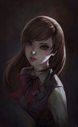  absurdres backlighting bow bowtie brown_eyes brown_hair collared_shirt commentary d.va_(overwatch) english_commentary facepaint facial_mark female grey_background highres light_smile lips long_hair long_sleeves looking_at_viewer nat_vitchayed nose overwatch overwatch_1 parted_lips photoshop_(medium) pink_lips shirt solo swept_bangs upper_body vest whisker_markings white_shirt 