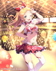  ;d arm_up audience balloon belt blonde_hair breasts chloe_maxwell commentary_request confetti crop_top female glowstick green_eyes head_tilt high_ponytail hina_logi_-_from_luck_&amp;_logic idol long_hair midriff navel one_eye_closed open_mouth pleated_skirt ponytail red_skirt shirt skirt small_breasts smile solo spotlight star_(symbol) teeth thighhighs upper_teeth_only vest white_belt white_shirt white_thighhighs white_vest wristband yoshino_ryou 