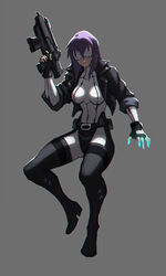  blindfold bodysuit female full_body ghost_in_the_shell jacket kusanagi_motoko liyart purple_hair shading short_hair solo 