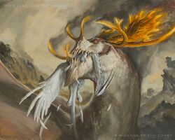  antlers dragon duo eating feathered_dragon feathered_scalie feathers feral hasbro horn landscape lars_grant-west magic:_the_gathering mythological_creature mythological_scalie mythology official_art scalie sharp_teeth size_difference smoke tail teeth text url vore wizards_of_the_coast 