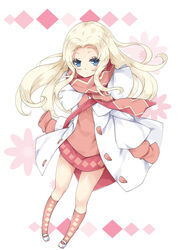  blonde_hair blue_eyes blush brown_socks closed_mouth coat commentary female full_body kneehighs long_hair long_sleeves looking_at_viewer mary_janes milkpanda parted_bangs pink_scarf pink_shirt pink_skirt rami_(summon_night) scarf shirt shoes skirt sleeves_past_fingers sleeves_past_wrists socks solo summon_night summon_night_4 very_long_hair white_coat white_footwear 