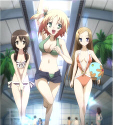  3girls ball bikini blue_shorts cleavage green_bikini kore_wa_zombie_desu_ka? long_hair mid_drift mizugi pool shuriken side_tail stripes swim_suits twintails yoshida_yuki 