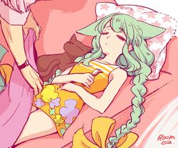  braid feline female gatchaman gatchaman_crowds glasses green_hair long_hair pillow sleeping twin_braids unko_yoshida utsutsu 