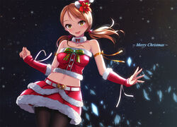  :d bare_shoulders belt blush breasts brown_hair collarbone commentary_request cowboy_shot crop_top detached_sleeves female fur_collar fur_trim hat hojo_karen idolmaster idolmaster_cinderella_girls long_hair looking_at_viewer low_twintails medium_breasts merry_christmas midriff mini_hat mini_santa_hat navel open_mouth pantyhose photoshop_(medium) santa_hat skirt smile solo tilted_headwear twintails yellow_eyes yuki_usagi_(mofurafu) 