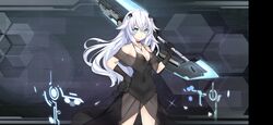  azur_lane black_dress black_heart_(goddesses&#039;_smile) black_heart_(neptunia) breasts character_name choker cleavage company_name copyright_name dress elbow_gloves female full_body gloves hair_ornament hand_on_own_hip high_heels highres holding holding_sword holding_weapon jewelry long_hair looking_at_viewer medium_breasts necklace neptune_(series) official_art power_symbol power_symbol-shaped_pupils see-through shiny sleeveless smile solo standing sword symbol-shaped_pupils tsunako weapon white_hair 