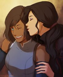  2girls asami_sato avatar:_the_last_airbender black_hair blue_eyes brown_hair closed_eyes couple dark_skin eyeshadow kissing korra legend_of_korra lipstick makeup multiple_girls nymre one_eye_closed ponytail red_lipstick short_hair the_legend_of_korra yuri 