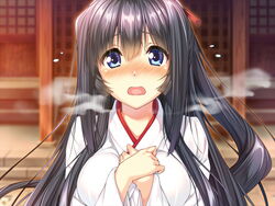  amakano black_hair blue_eyes blush breasts female game_cg long_hair miko open_mouth piromizu solo takayashiro_sayuki 