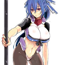  blue_hair breasts female female hjm honda_futayo kyoukaisenjou_no_horizon large_breasts leaning_forward long_hair midriff navel parted_lips ponytail purple_eyes solo standing white_background 