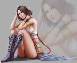  ass audia_pahlevi boots brown_hair female final_fantasy final_fantasy_x final_fantasy_x-2 heterochromia knees_up looking_at_viewer ponytail short_hair sitting solo yuna 