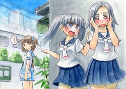  3girls ? bag blush brown_eyes brown_hair commentary_request grey_eyes grey_hair iona_(wixoss) kawachi_koorogi kominato_ruuko long_hair marker_(medium) multiple_girls pleated_skirt pointing school_bag school_uniform selector_wixoss serafuku short_hair skirt spoken_question_mark sweatdrop tama_(wixoss) traditional_media twintails wixoss 