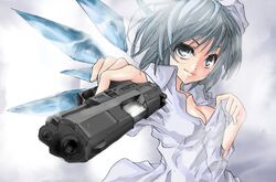  aiming aiming_at_viewer bad_id bad_pixiv_id blue_eyes blue_hair breasts cirno cleavage female finger_on_trigger foreshortening gangsta_hold gun handgun holding holding_gun holding_weapon ice ice_wings koh_(minagi_kou) medium_breasts open_clothes open_shirt shirt solo touhou walther walther_p99 weapon wings 