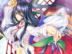  amakano black_hair blue_eyes blush breasts cleavage female flower game_cg hair_flower hair_ornament large_breasts long_hair looking_at_viewer miko piromizu ponytail smile takayashiro_sayuki 