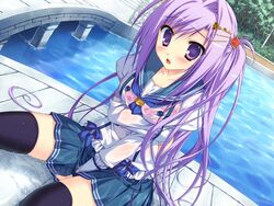  blue_bow blue_eyes bridge day_time exterior jewel_hair_clips long_blue_hair looking_at_viewer pink_dress prism_rhythm river soaked transparent wet zettai_ryouki 