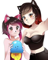  2girls black_clothing black_crop_top black_hair black_pants blush breasts brown_eyes cat_ears cat_whiskers cleavage clothed clothed_female crop_top duo female female_only fierzaa gradient_hair holding_object long_hair looking_at_viewer medium_breasts nervous orange_eyes orange_nails painted_nails pale-skinned_female pale_skin pink_clothing pink_hair pink_topwear rasta_(rastamypasta) rastamypasta rastapasta red_hair roblox roblox_avatar selfie short_hair simple_background stomach two_tone_hair white_background 