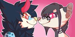  2:1 ambiguous_gender anthro big_blue_kaiju_(ittybittyshark) blue_body blue_fur boop brown_hair canid canine duo eye_contact eyewear female fur glasses hair heart_eyes heart_symbol horn ittybittyshark kaiju looking_at_another male mammal nose_boop procyonid raccoon red_eyes simple_background smile yanni yellow_sclera 