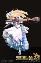  aiming artist_name bad_id bad_pixiv_id blonde_hair character_name copyright_name dress female glasses gun hair_ornament high_heels ian_olympia long_hair purple_eyes revenge_of_dragoon rifle shoes sniper_rifle solo watermark weapon web_address white_dress 