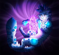  2017 blue_body blue_fur cupcakecreature felid female feral fur glowing glowing_pawpads hair light lighting magic magic_circle magic_user mammal pantherine pawpads paws purple_theme snow_leopard solo whiskers 