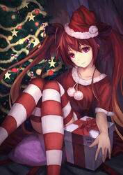  artist_name box christmas_tree female gift gift_box gradient_hair hat highres mitsuka_souji multicolored_hair ore_twintail_ni_narimasu red_eyes red_hair red_legwear santa_hat sitting striped striped_legwear tail_red tailred thighhighs twintails youxuemingdie 