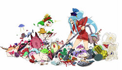  6+girls abuse anger_vein animal_ears asymmetrical_wings blood blue_hair boned_meat bow breasts cat_ears cellphone chen cirno commentary_request controller drooling dyson_(company) eye_poke fish flandre_scarlet flower food fruit fujiwara_no_mokou gourd hair_flower hair_ornament hairbow hakurei_reimu hat hat_ribbon hieda_no_akyuu hinanawi_tenshi horn_ornament horn_ribbon horns houjuu_nue ibuki_suika ice ice_wings kaenbyou_rin kagiyama_hina kamishirasawa_keine kawashiro_nitori kazami_yuuka kirisame_marisa kitsune kochiya_sanae komeiji_koishi komeiji_satori kyuubi large_breasts long_hair meat mob_cap moriya_suwako multiple_girls multiple_tails nagae_iku nazrin newspaper open_mouth parasol patchouli_knowledge peach phone poking ponytail red_skirt remilia_scarlet remote_control ribbon saigyouji_yuyuko sakurai_energy shameimaru_aya shiki_eiki skirt sukusuku_hakutaku sunflower tail third_eye tissue_box touhou triangular_headpiece ufo umbrella vacuum_cleaner very_long_hair wings witch_hat yakumo_ran 