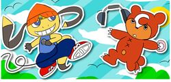  beanie bird blue_eyes cloud doughnut food froakie hat headphones helioptile microphone no_humans parappa parappa_(cosplay) parappa_the_rapper parody pokemon pokemon_(game) pokemon_xy sun teddiursa tennis_shoes 