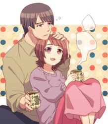  1boy :d black_hair brown_hair commentary_request couple cup endou&#039;s_wife_(shirobako) endou_ryousuke female hand_on_another&#039;s_head husband_and_wife itou_(mogura) mug open_mouth polka_dot polka_dot_background print_mug shirobako short_hair smile straight 