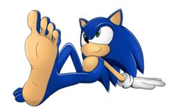  4_toes alpha_channel anthro barefoot big_eyes big_feet big_head biped blue_body blue_fur clothing digital_media_(artwork) eulipotyphlan feet feetymcfoot foot_focus fur gloves green_eyes handwear hedgehog hi_res huge_feet looking_away lying male male_feet mammal plantigrade sega simple_background soles solo sonic_the_hedgehog sonic_the_hedgehog_(series) toes toony 