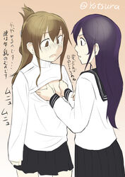  2girls akatsuki_(kancolle) blush breasts cleavage cleavage_cutout clothing_cutout commentary_request folded_ponytail groping inazuma_(kancolle) kantai_collection meme_attire multiple_girls open-chest_sweater ribbed_sweater sweater translation_request turtleneck yotsura 