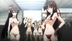  angry bikini black_gloves blonde_hair brown_hair cross frustrated g_string_bikini green_gloves hands_on_hips hoshikawa_kirara kore_wa_zombie_desu_ka? long_hair looking_at_viewer mizugi pink_bow ponytail red_bow saraswati_(kore_wa_zombie_desu_ka?) seraphim_(kore_wa_zombie_desu_ka?) side_tail surprised yoshida_yuki 