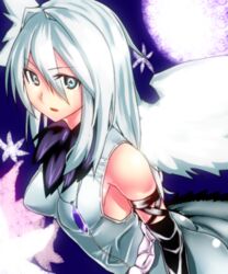  black_long_gloves crystal_pendant engi_threepiece long_dress looking_at_viewer triangle_pupils white_hair wings yumekui_merry 