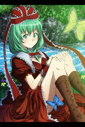  boots bow breasts bug butterfly cleavage commentary_request convenient_censoring dress female front_ponytail green_eyes green_hair hair_ribbon hairbow hands_on_own_knees highres kagiyama_hina letterboxed medium_breasts ribbon river rock sitting smile solo touhou wrist_ribbon wrwr 