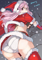  adapted_costume ass breasts christmas commentary female hat headphones highres hikari123456 large_breasts long_hair looking_at_viewer nitroplus open_mouth panties photoshop_(medium) pink_hair red_eyes santa_costume santa_hat solo super_sonico thighhighs underboob underwear 