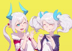  2girls absurdres blue_horns chiliarch_(elsword) commentary_request demon_girl demon_horns elsword fur-trimmed_jacket fur_trim highres hood hoodie horns jacket luciela_r._sourcream multiple_girls noblesse_(elsword) one_eye_closed pointy_ears smile star-shaped_pupils star_(symbol) symbol-shaped_pupils twintails white_hair yoni_(zhang) 