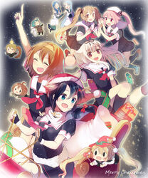  &gt;_&lt; 6+girls :d ahoge bad_id bad_pixiv_id black_gloves black_hair black_serafuku black_skirt blonde_hair blue_eyes blue_hair box braid brown_eyes brown_hair cha_(kancolle) christmas closed_eyes commentary dress elbow_gloves fingerless_gloves gift gift_box gloves gradient_hair green_hair hair_flaps hair_ornament hair_ribbon hairclip happy harusame_(kancolle) hat hiyoko_(kancolle) kantai_collection kneehighs long_hair majokko_(kancolle) merry_christmas midori_(kancolle) multicolored_hair multiple_girls murasame_(kancolle) neckerchief necktie open_mouth pink_hair pleated_skirt rashinban_musume red_eyes red_necktie remodel_(kantai_collection) ribbon sack sailor_dress samidare_(kancolle) santa_hat scarf school_uniform serafuku shigure_(kancolle) shimamizu_eke shiratsuyu_(kancolle) shoes short_hair side_ponytail single_braid skirt smile socks suzukaze_(kancolle) thighhighs twintails white_scarf white_skirt yuudachi_(kancolle) 