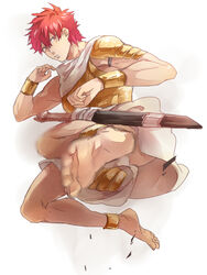  1boy anklet armor bad_id bad_pixiv_id barefoot bracelet breastplate feet flying_kick full_body jewelry karita_(kali_lgk) kicking lip_piercing magi_the_labyrinth_of_magic male_focus masrur pauldrons piercing red_eyes red_hair shoulder_armor simple_background soles solo sword weapon white_background 