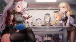  6+girls :d arm_up armband azur_lane bare_shoulders beret bird black_dress black_gloves black_hat black_pantyhose black_socks black_thighhighs blonde_hair blue_eyes blue_hat blunt_bangs blush book book_stack breasts brown_eyes brown_hair chick closed_mouth commentary_request crossed_legs doyouwantto dress garrison_cap garter_straps glasses gloves grey_hair hair_between_eyes hair_over_one_eye half_updo hand_on_own_cheek hand_on_own_face hat highres indoors jitome karlsruhe_(azur_lane) kneehighs koeln_(azur_lane) large_breasts leipzig_(azur_lane) long_hair long_sleeves looking_at_another looking_at_viewer low_twintails manjuu_(azur_lane) mole mole_on_breast multicolored_hair multiple_girls off_shoulder one_eye_closed open_book open_mouth outstretched_arm outstretched_leg pantyhose paper_airplane parted_lips pink_eyes plant prinz_eugen_(azur_lane) purple_eyes red-framed_eyewear red_hair rimless_eyewear see-through short_sleeves sideboob sideless_shirt signature sitting smile socks standing streaked_hair stuffed_chicken sweatdrop table tears thighhighs twintails uniform v-shaped_eyebrows very_long_hair wavy_mouth z1_leberecht_maass_(azur_lane) z23_(azur_lane) z23_(philosophy_sensei)_(azur_lane) z46_(azur_lane) 