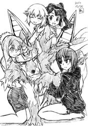  4girls :3 artist_request claws digimon digimon_xros_wars dorulumon drill gamonkoubou monochrome multiple_girls oerba_yun_fang open_mouth smile 