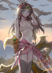  1boy aqua_eyes azir bikini bikini_top_only bird black_hair canking chinese_commentary commentary_request evening female flat_chest forehead_protector league_of_legends legs_together long_hair looking_at_viewer looking_away looking_to_the_side midriff navel outdoors photoshop_(medium) ruffling_hair sand serious sivir swimsuit thighhighs tiara weapon wrist_guards 