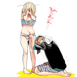  1boy bikini blonde_hair couple covered_face female hat hjm kyoukaisenjou_no_horizon mary_stuart navel scar scarf swimsuit tenzou_crossunite white_background 