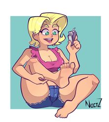  absurd_res absurdres artist_name blonde_hair blue_background breasts chester&#039;s_mom chester_mcbadbat cleavage denim_shorts eyelashes eyeliner feet female_focus female_only foot_focus full_body fully_clothed green_eyes hand_on_calf high_resolution highres holding_object long_eyelashes mature_female milf nail_clippers nickelodeon noctz one_foot_raised open_mouth parody pink_clothing pink_lipstick pink_tops posing safe shiny_skin short_hair simple_background sitting solo_focus straight_hair the_fairly_oddparents thick_thighs thighs twitter twitter_username white_frame yellow_eyebrows yellow_hair 