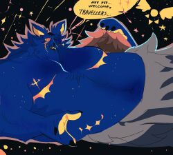  1_eye anthro belly big_belly blue_body blue_fur boneranonymouse button_(fastener) button_eyes chest_scar clothed clothing darkner deltarune domestic_cat felid feline felis fur hi_res male mammal mastectomy_scar muscular presenting presenting_belly scar seam_(deltarune) slightly_chubby solo speech_bubble talking_to_viewer topless topless_anthro topless_male undertale_(series) yellow_body yellow_fur 