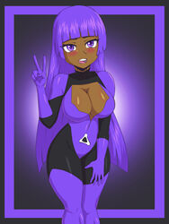  1girls amazon_(company) amazon_luna bosomancer clothed console-tan dark-skinned_female female female_only gaming large_breasts luna-tan peace_sign purple_eyes purple_hair solo 