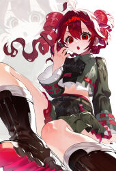  absurdres ahoge belt boots buttons collared_shirt double-breasted double-parted_bangs drill_hair female full_body hair_between_eyes hand_on_ground highres holding holding_walkie-talkie jacket kasane_teto kasane_teto_(voicepeak) knee_boots knee_up kneehighs knees kuripang_bbb layered_skirt light_blush long_sleeves looking_at_viewer multicolored_skirt navel open_mouth pleated_skirt red_belt red_eyes red_hair red_trim shiny_clothes shiny_skin shirt shoulder_belt sidelighting simple_background sitting skirt socks solo sound_wave thick_eyelashes twin_drills utau voicepeak walkie-talkie waveform white_background zoom_layer 