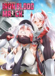  2girls azur_lane bilingual_commentary breasts camel_clutch clenched_teeth commentary cover cover_page enterprise_(azur_lane) highres kineluchs kore_(korewa13th) large_breasts mixed-language_commentary multiple_girls orange_eyes prinz_eugen_(azur_lane) purple_eyes ryona second-party_source spiked_hair teeth tongue tongue_out twintails wrestling 