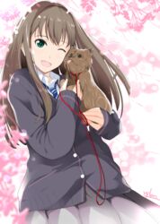  ;d artist_name brown_hair canine cardigan commentary_request female green_eyes hanako_(idolmaster) idolmaster idolmaster_cinderella_girls long_hair necktie nylon_(nylon_100) one_eye_closed open_mouth shibuya_rin signature skirt smile 